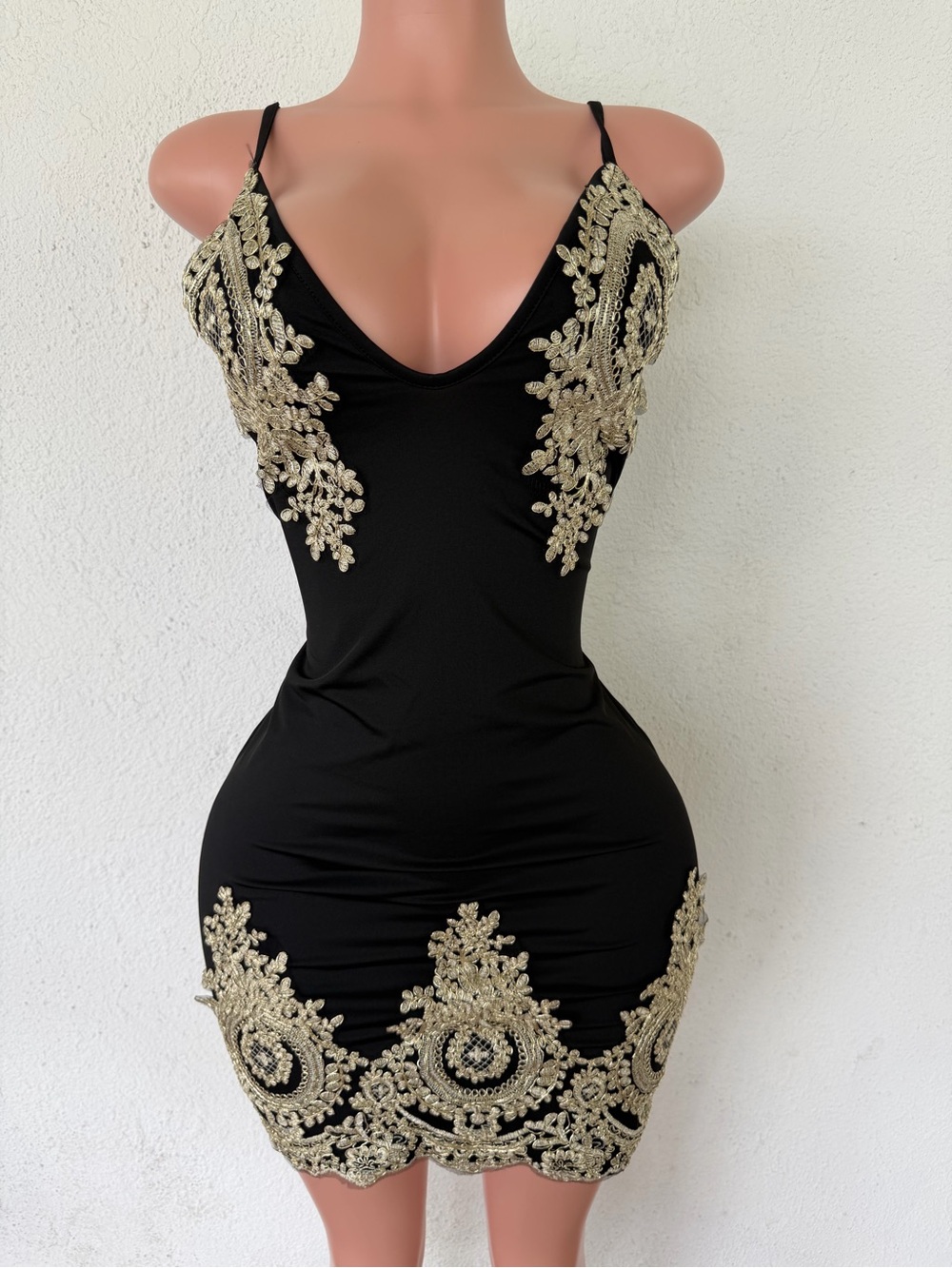 Black Bodycon Dress with Gold Embroidered Accents